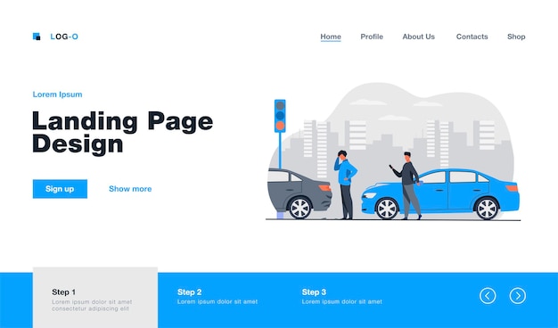 Dois homens tendo o acidente de carro landing page em estilo simples.