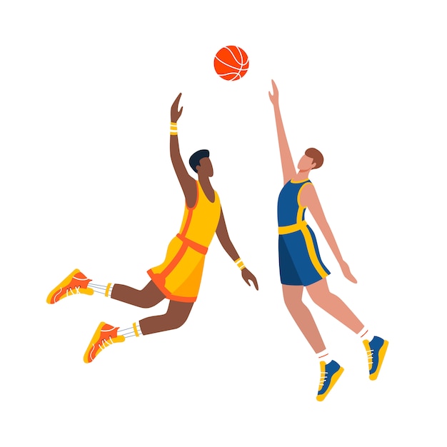 Dois jogadores de basquete em ação durante o jogo. ilustração plana.