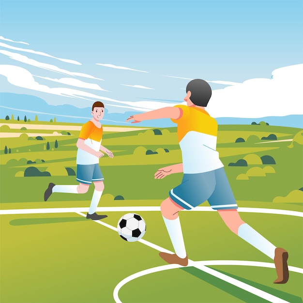 Dois jogadores de futebol jogando futebol nos campos ao ar livre em um  amplo vale verde como pano de fundo