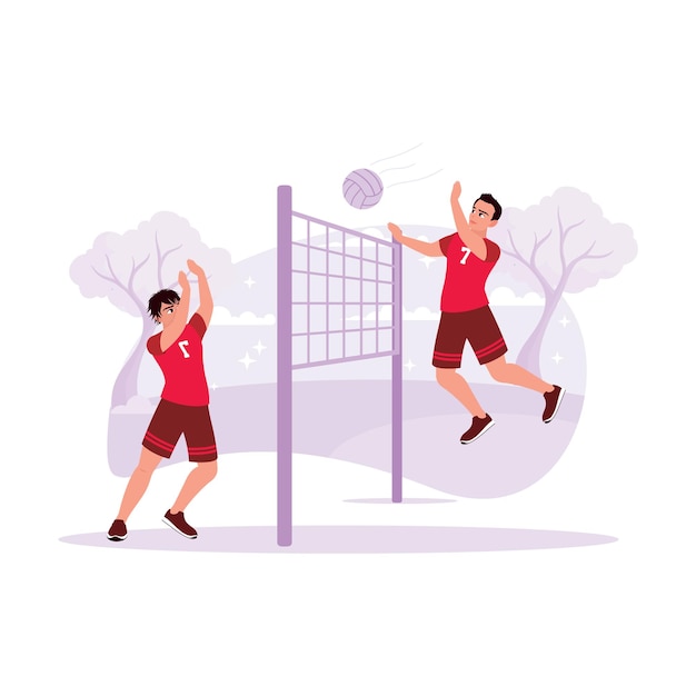 jogadores de vôlei abstratos, duas meninas jogando vôlei, jogos de esportes  femininos. conceito de jogo de bola. 2 mulheres jogam vôlei com bola e  rede. gráficos vetoriais planos na moda 6036673 Vetor