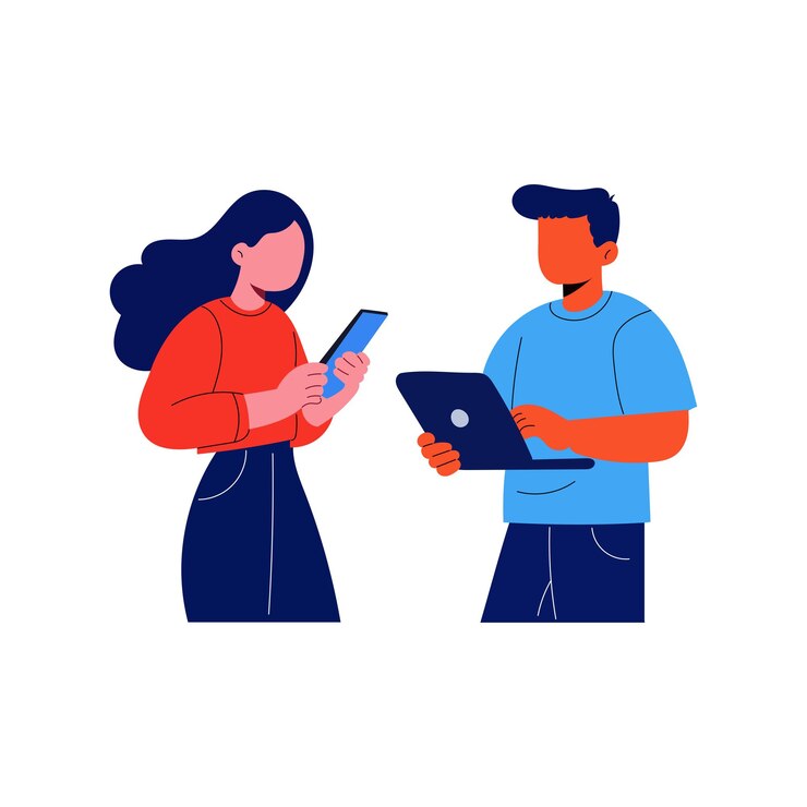 Dois jovens adultos colaborando em dispositivos digitais