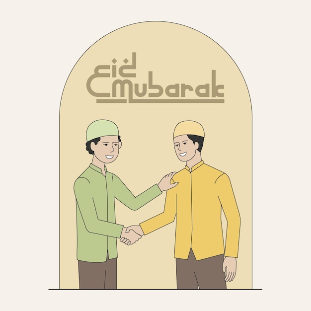 Vetor dois jovens muçulmanos apertam a mão eid mubarak eid fitr conceito de design ilustração