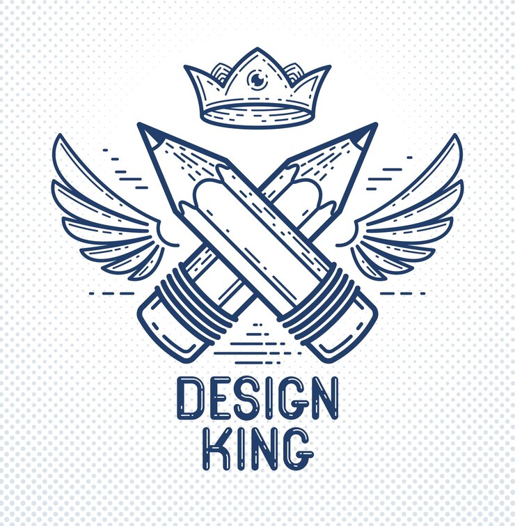 Vetor dois lápis cruzados com asas e coroa, logotipo ou ícone simples da moda vetorial para designer ou estúdio, rei criativo, design real, estilo linear.