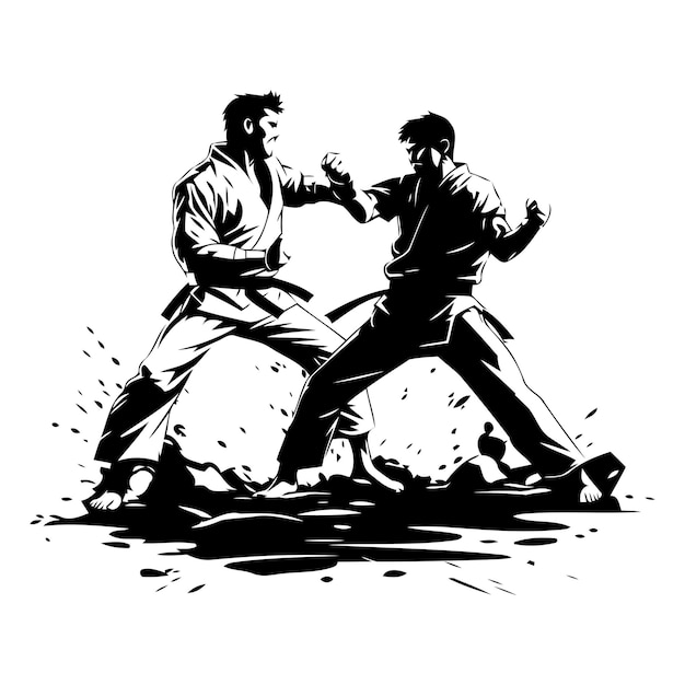 Dois lutadores de karatê lutando ilustração vetorial vintage em estilo retro