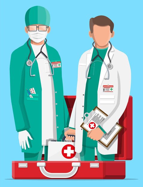 Dois médicos de casaco com estetoscópio no kit de primeiros socorros Traje médico com diferentes pílulas e dispositivos médicos nos bolsos Equipe de saúde hospital e diagnóstico médico Ilustração em vetor plana