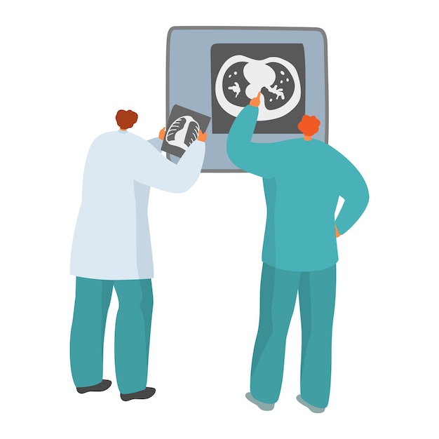 Vetor dois médicos examinando um raio-x dos pulmões profissionais médicos em roupas profissionais de saúde analisando o tórax do paciente ilustração vetorial de raios-x