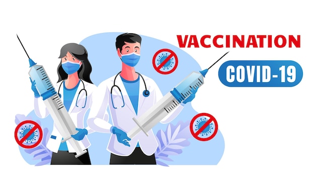 Dois médicos segurando uma seringa enorme com o texto Vaccination Covid-19 na ilustração de fundo branco