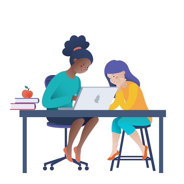 Dois, meninas adolescentes, trabalhar, laptop, coding, aprendizagem, ciência computador