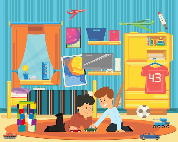 Dois meninos brincando com brinquedos na sala de jogos.