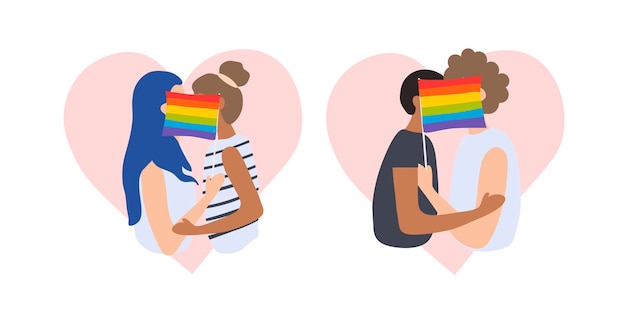Dois meninos e duas meninas se beijam por uma bandeira LGBT em fundo branco. Mês do Orgulho. Pessoas homossexuais.