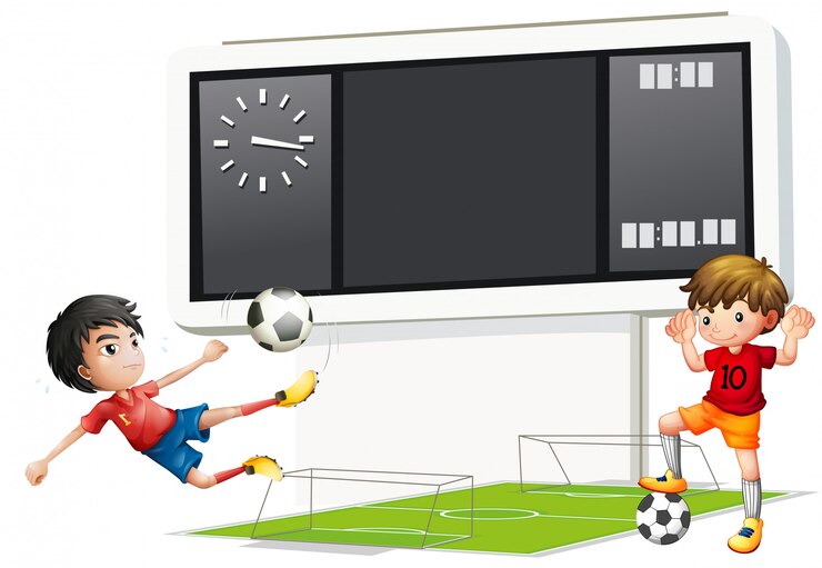 Vetor dois meninos, futebol jogando, com, um, placar