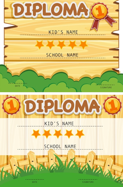 Dois modelos de diploma com fundo de placa de madeira