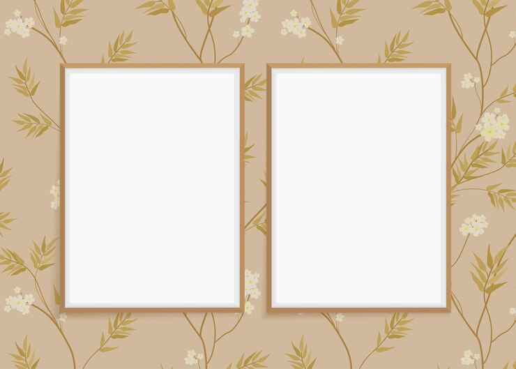 Vetor dois modelos de molduras na parede com papel de parede bege fundo floral com molduras vetoriais