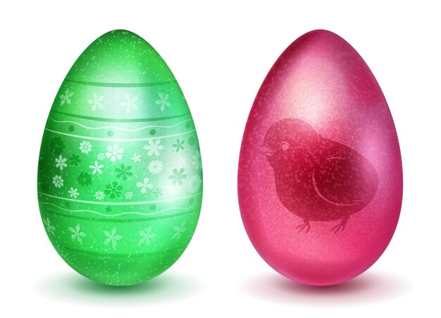 Vetor dois ovos de páscoa realistas com diferentes texturas de superfície, padrões e símbolos de férias nas cores vermelhas e verdes. com sombras no fundo branco