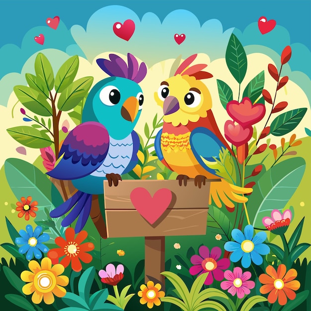 Vetor dois pássaros coloridos estão sentados em uma caixa de madeira com um coração no meio