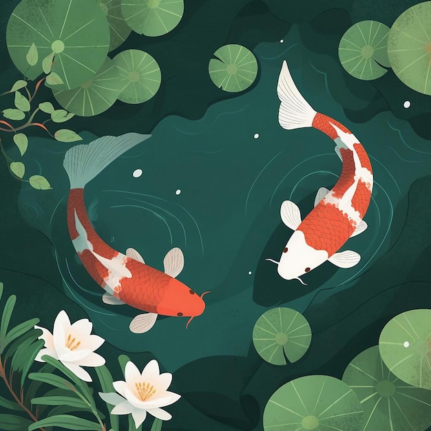 Dois peixes koi nadando em uma lagoa cercada de lírios