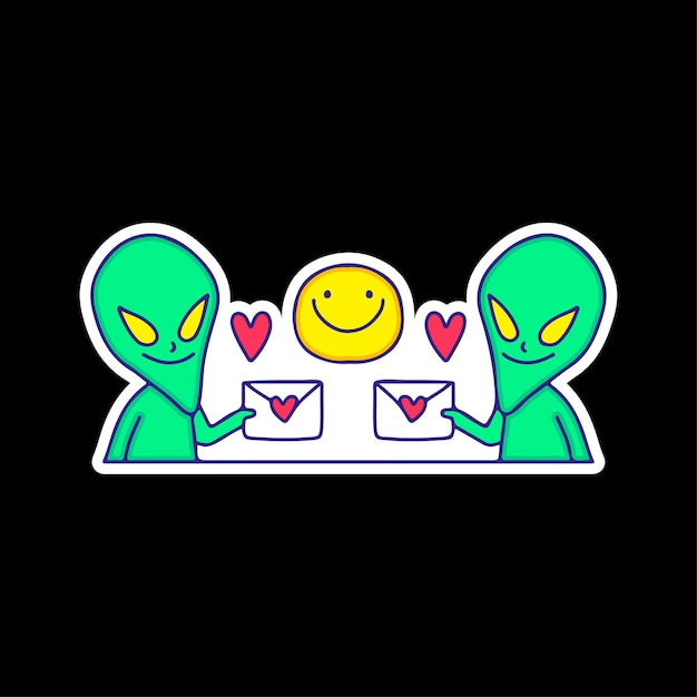 Vetor dois personagens alienígenas segurando carta de amor, ilustração para camiseta, adesivo ou mercadoria de vestuário.