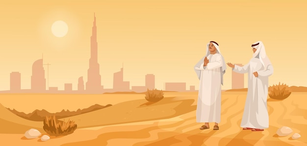 Vetor dois personagens animados em roupas tradicionais árabes com uma paisagem urbana de fundo ilustração vetorial tema deserto ilustração vetorial