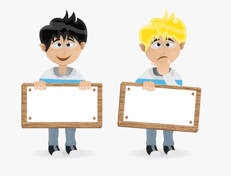 Vetor dois personagens de desenho animado com um segurando uma placa que diz não