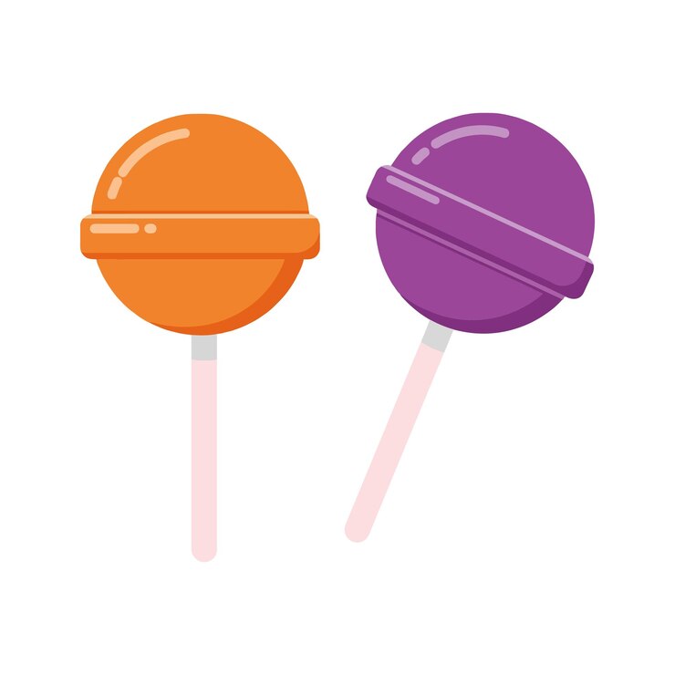 Dois pirulitos redondos coloridos em tons laranja brilhante e roxo com pauzinhos brancos em um estilo de design minimalista plano mostrando doçura lúdica em arte vetorial