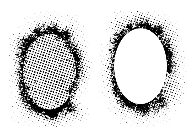 Vetor dois quadros ovais com pontos de meio tom em fundo branco quadro preto e branco definido um preto e branco.