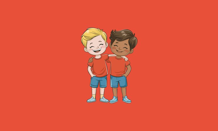 Vetor dois rapazes felizes a abraçar-se e a sorrir, mostrando amizade.