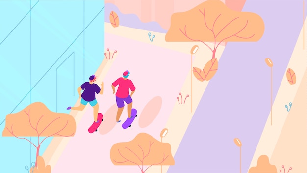 Dois skatistas andando na rua da cidade dos desenhos animados