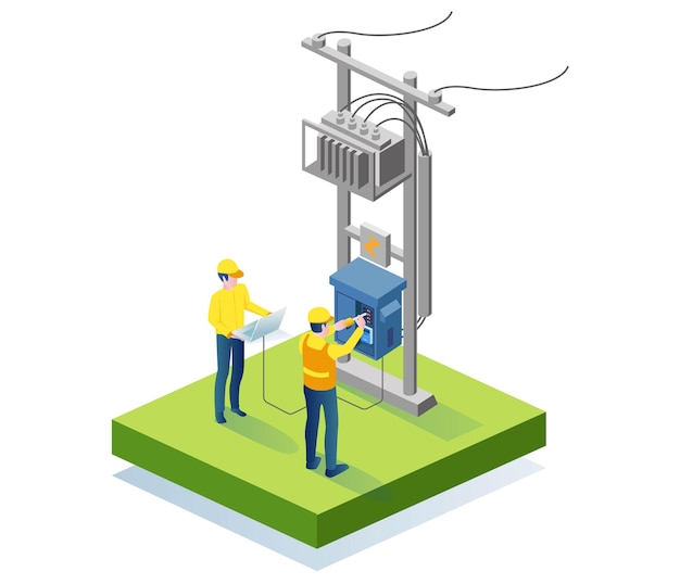 Vetor dois técnicos que reparam painéis elétricos