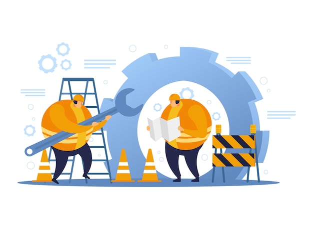 Dois trabalhadores da construção civil planejando construir um edifício. Design plano do trabalhador da construção civil.