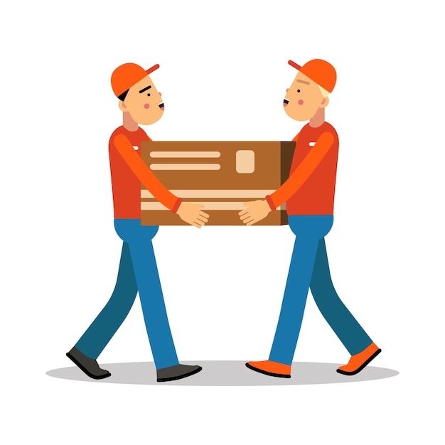 Dois trabalhadores se movem homens segurando e carregando uma caixa de papelão pesada, mensageiros em uniforme no trabalho personagens de desenhos animados vetor Ilustração isolada em um fundo branco
