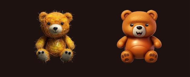 Dois ursos de pelúcia distintos um feito de formas geométricas douradas outro liso e ambos em um fundo escuro