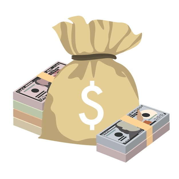 Dólar americano Ilustração vetorial EUA dinheiro conjunto notas de pacote Saco de dinheiro USD