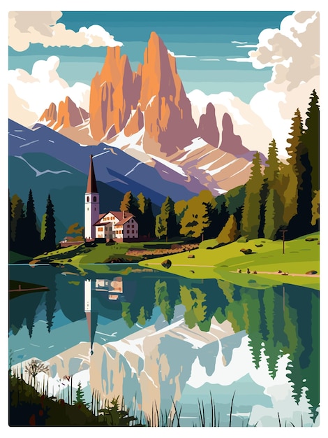 Vetor dolomitas alpes dolomíticas montanhas dolomitas italianas poster de viagem vintage souvenir cartão postal retrato