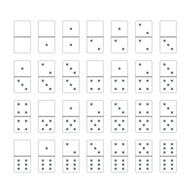 Vetor dominó branco. conjunto completo de peças de dominó, 28 peças de dominó isoladas em branco