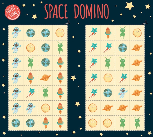 Dominó de espaço para crianças. jogo de tabuleiro com planeta, terra, sol,  foguete, alienígena, ovni, estrela. atividade de correspondência para a  educação infantil