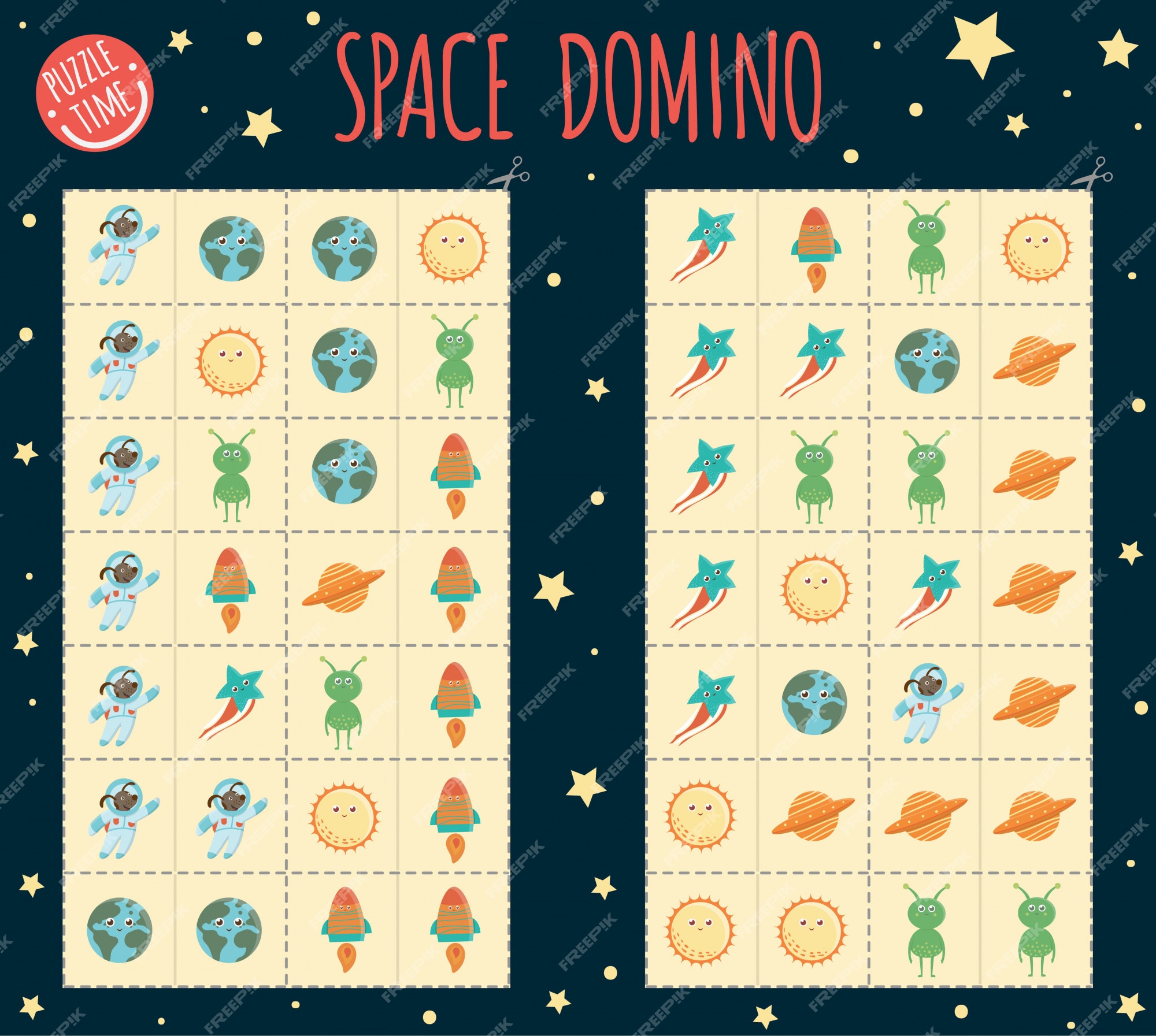 Dominó de espaço para crianças. jogo de tabuleiro com planeta, terra, sol,  foguete, alienígena, ovni, estrela. atividade de correspondência para a  educação infantil