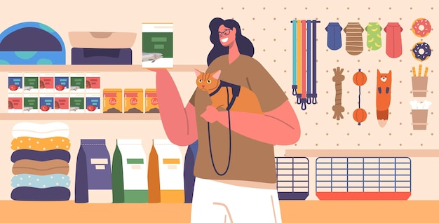 Dona de animal de estimação Personagem feminina Navegando nas prateleiras Selecionando comida para gatos em uma movimentada loja de animais Os ronronars suaves enchem o ar enquanto fazem uma escolha cuidadosa Pessoas dos desenhos animados Ilustração vetorial