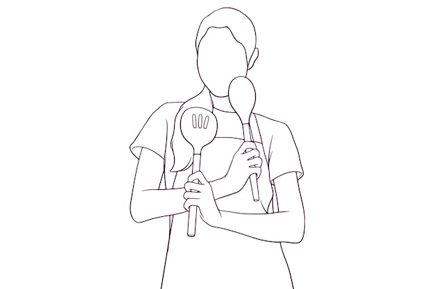 Dona de casa em avental segurando utensílio cozinhar e limpar conceito mão desenhada ilustração vetorial