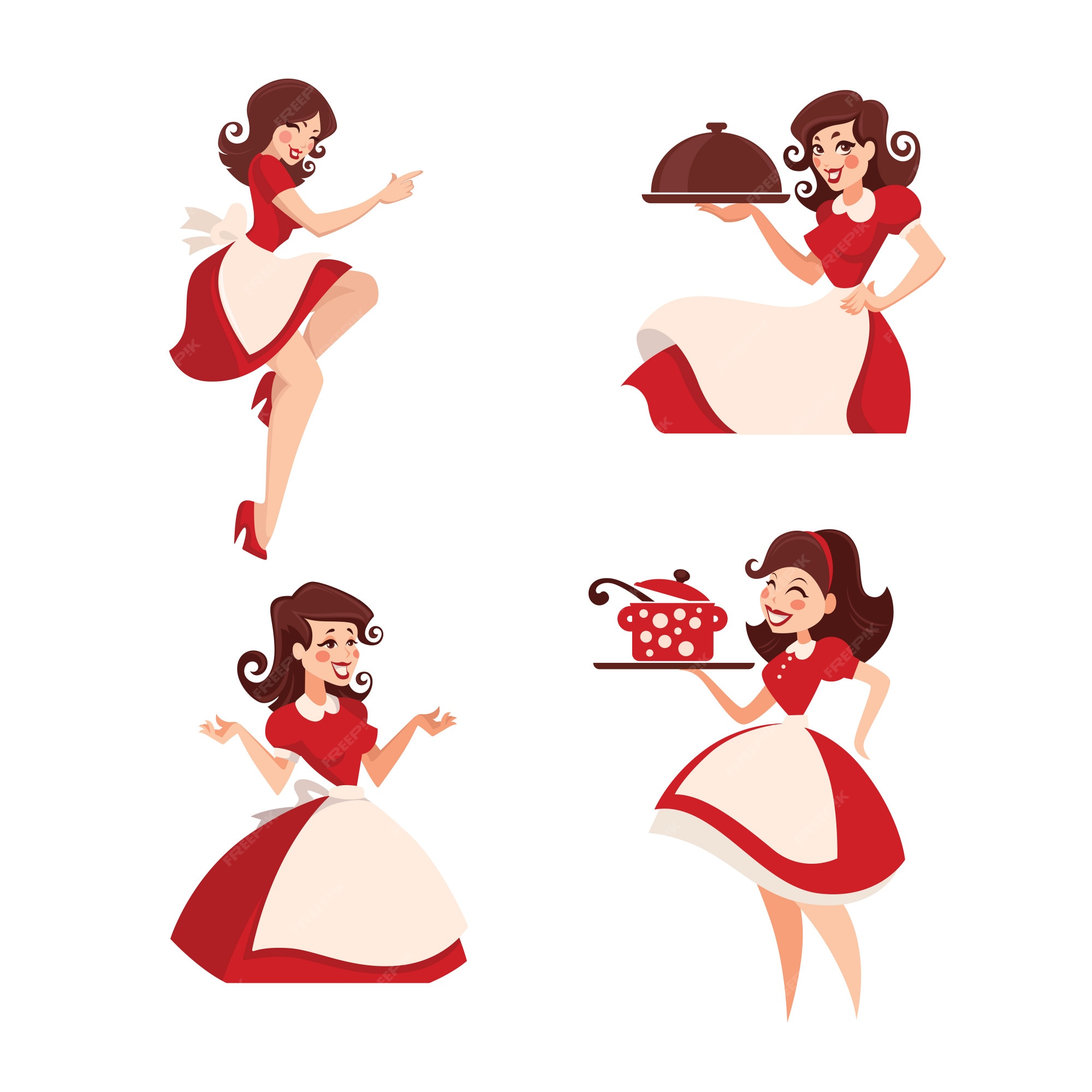 Dona De Casa Engraçada Dos Desenhos Animados Com Bolo. Dona De Casa De  Vetor Feliz Com Produtos De Padaria. Mulher Bonita No Velho Estilo Retrô.  Jovem Senhora Fazendo Torta. Ilustraciones svg, vectoriales