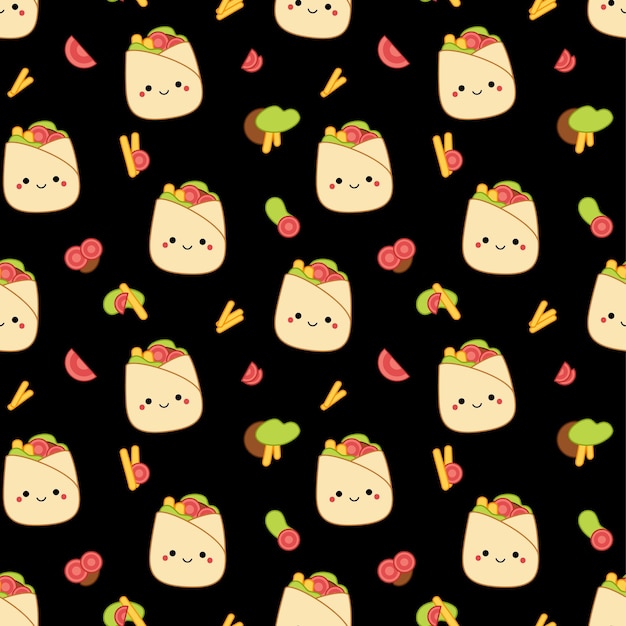 Doner kebab em fundo preto sem costura squishmallow cute doner kebab kawaii vector