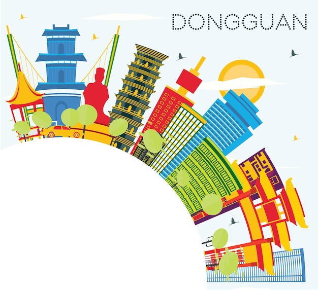 Dongguan China City Skyline com edifícios de cor, céu azul e espaço de cópia. Ilustração vetorial. Viagem de negócios e conceito de turismo com arquitetura moderna. Paisagem urbana de Dongguan com pontos de referência.