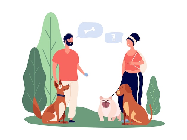 Donos de animais de estimação. pessoas passeando com animais de estimação, homem e mulher com cães. personagens de casal feliz. jogo com animais e ilustração vetorial de comunicação. homem e mulher, dono de gente com cachorro de estimação