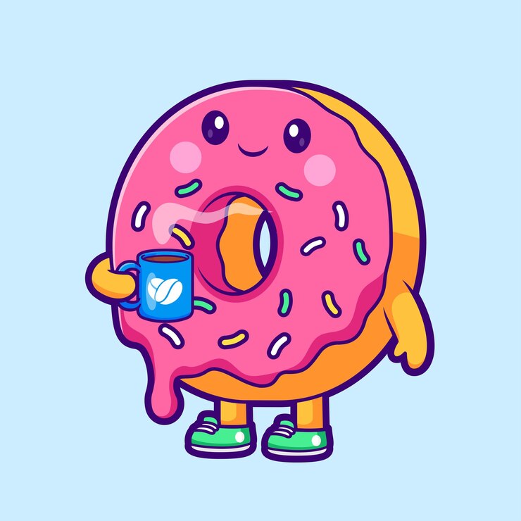 Vetor donut bonito bebendo café quente desenho animado ícone vetorial ilustração comida bebida ícone isolado plano