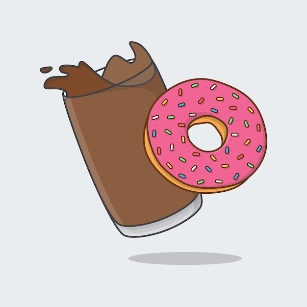 Donut com café dos desenhos animados ilustração vetorial café e contorno de ícone plana de donut