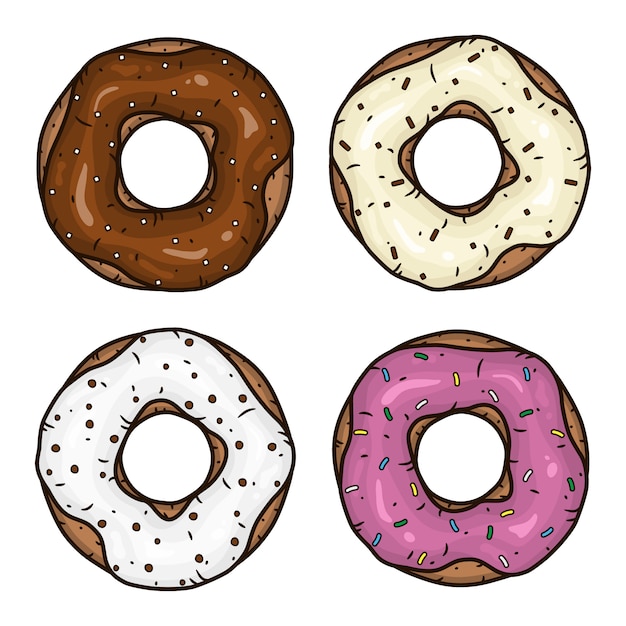 Donut com esmalte rosa. Donut com cobertura de chocolate. Conjunto de rosquinhas.