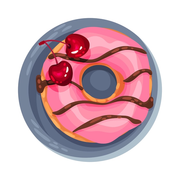 Donut com glasura e cereja como sobremesa servida no prato ilustração vetorial