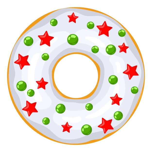 Vetor donut de natal o donut branco é decorado com doces estrelas vermelhas festivas e balões verdes