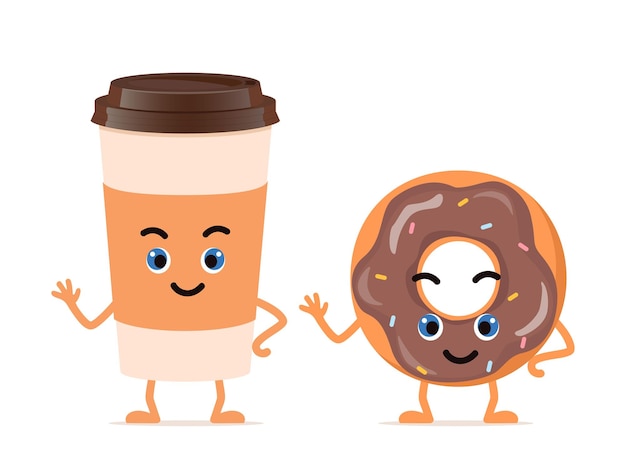 Vetor donut e café carinhosas personagens felizes para o banner do menu conceito de padaria de café da manhã