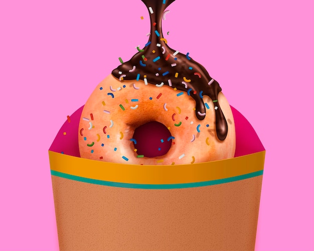 Donut polvilhado de chocolate com molho pingando e embalagem para viagem, ilustração 3d