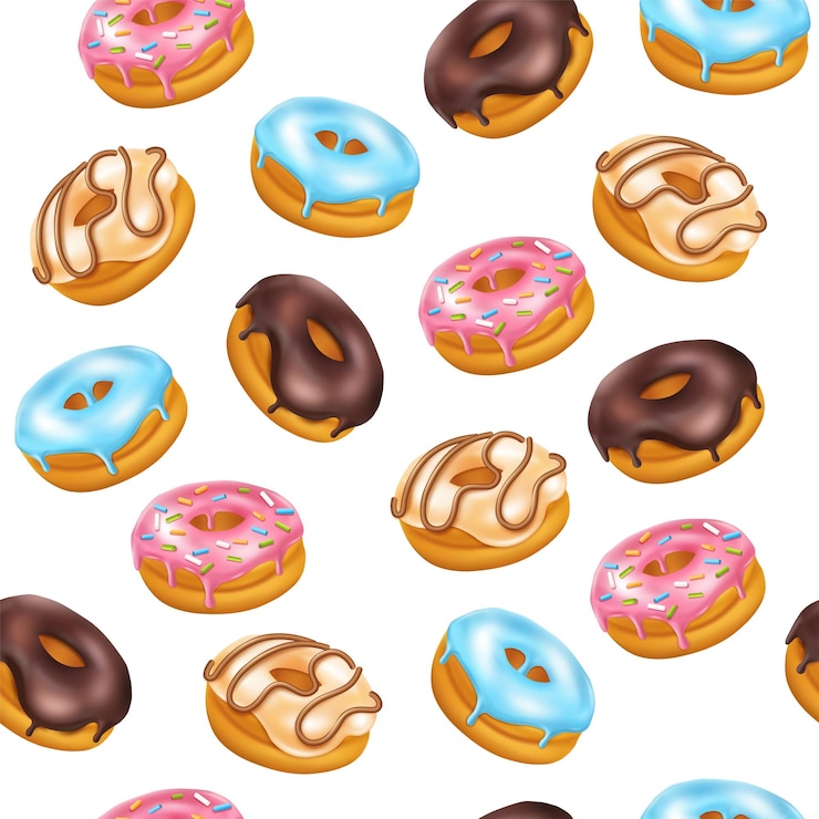 Vetor donut print dessert food pattern creme de chocolate branco e rosa lanches doces confeitaria esmaltada 3d elementos isolados realistas decoração produto têxtil enrolamento vetor fundo sem costura